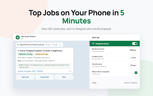 Upwork Job Scout – Job Scores, Bad Client Alerts & Telegram Notifications :: Score every Upwork job before you click, flag risky clients in real time, and get Telegram alerts for top jobs within minutes.