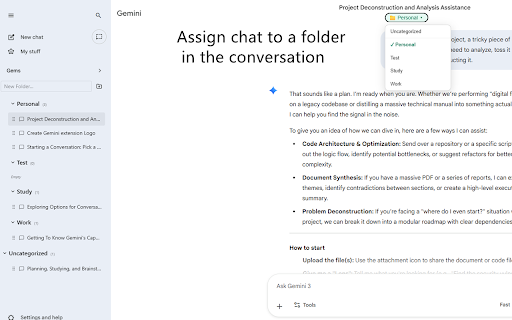 Gemini Chat Organizer :: Organize Gemini chats into folders with drag-and-drop. Assign folders and chat with AI using your own Gemini API key.