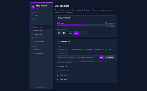 StayFocused :: Block distractions, track usage, and stay productive with time limits and lockdown.