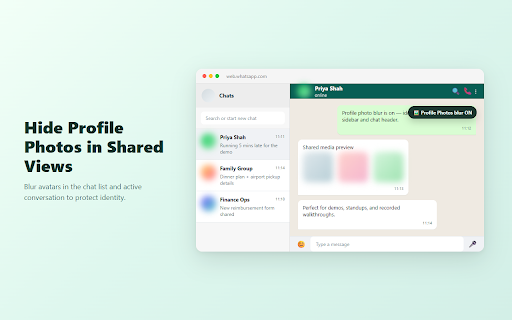 Privacy Blur for WhatsApp Web — Hide Chats & Messages :: Hide & blur WhatsApp Web messages, contacts & photos Screen share safely. Hover to peek.
