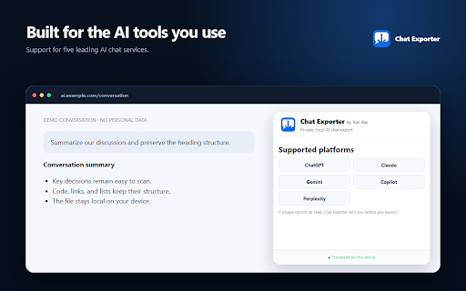 Chat Exporter by Tom Raz :: Export AI chats to Markdown or text locally, with full-chat verification and safe ZIPs for long conversations.