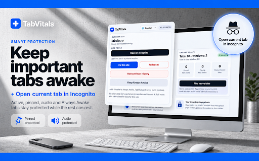 TabVitals – Tab Suspender, Tab Manager, Free Up RAM & Clear Cache :: Find heavy tabs, free up RAM with Auto-Suspend, and clear cache for one website. Open the current site in Incognito.