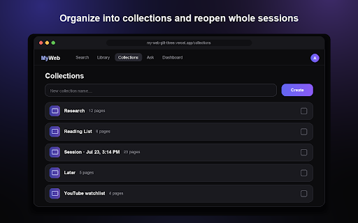 MyWeb — Save to your personal internet :: Save any page to your personal, searchable library. Sweep windows of tabs into sessions and park distractions for later.