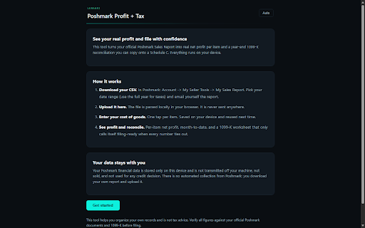 Poshmark Profit + Tax :: Import your Poshmark Sales Report CSV to see real net profit per item and generate a 1099-K reconciliation worksheet. Local-first.