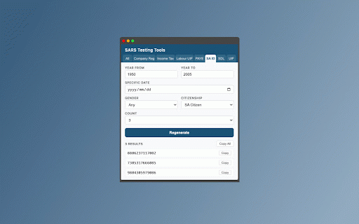 SARS Testing Tools :: Generate valid South African tax reference numbers for testing — SA ID, Income Tax, Company Reg, PAYE, UIF, SDL.