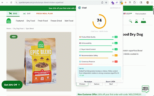 Cited - AI & AEO Optimization Score :: Score any product page 0-100 on AEO readiness. See what ChatGPT, Perplexity & Claude look for before recommending you.
