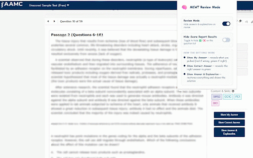 MCAT Prep Review Mode :: Hides answers and explanations on the AAMC MCAT review pages so you can rework questions independently.