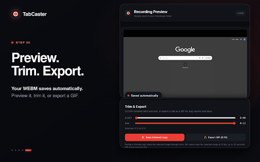 TabCaster: Screen Recorder with Privacy :: Record your tab or screen with audio, cinematic auto-zoom, and privacy blur. MP4, WebM & GIF — no cloud, everything stays local.