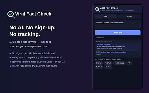 Viral Fact Check :: Verify claims across search engines & fact-check sites, plus reverse image search with Google Lens — in the side panel.
