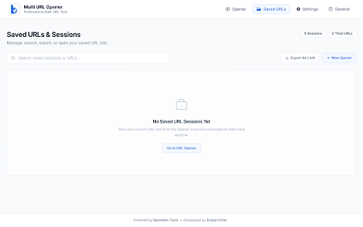 Bulk & Multi URL Opener - BacklinksTools :: Bulk open multiple URLs & links with smart delay (fixed, random, incremental), 1-click link extractor, domain grouping & sync.