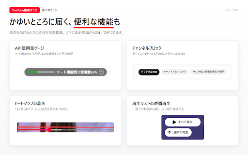 YouTube検索プラス :: YouTube検索を強化:再生数・時間・日付でのソート・フィルター、チャンネルブロック、ピクチャーインピクチャー(PiP)機能を追加します。