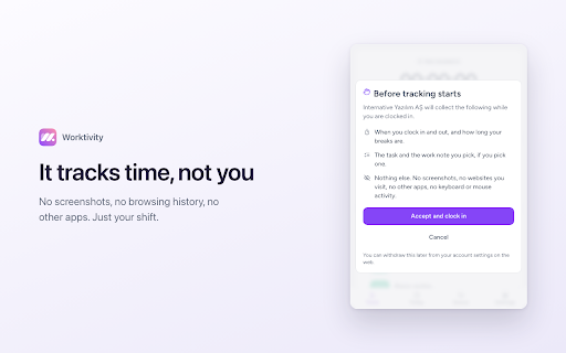 Worktivity Time Tracker :: Clock in, take breaks and log time to your tasks, straight from Chrome. No desktop install needed.