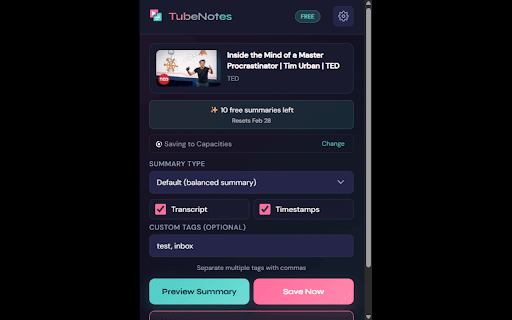 TubeNotes - YouTube Summaries :: AI-powered YouTube summaries saved to Notion, Capacities, Readwise & more. 10 free/month.