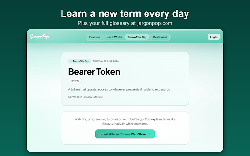 JargonPop :: Highlights programming jargon in YouTube tutorials and shows clean definitions instantly — so you learn faster as you watch.