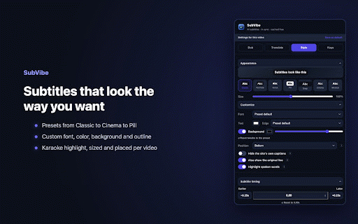 SubVibe - AI Subtitle Translator :: AI subtitles for streaming video — in sync, cached free on replay, or hear it translated aloud live in your language.