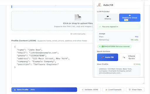 AI Form Auto Fill by DashForm :: Detects forms and autofills using a local LLM service.