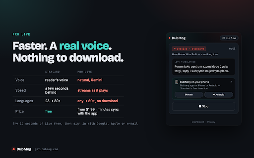 DubMog — Live Video Translator & Dubbing :: Dub any video into your language as it plays. Free Standard mode on your computer, Pro Live for a real voice in 80+ languages.