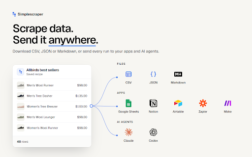 Simplescraper - fast AI web scraping at scale :: Scrape websites to structured data in seconds. AI-powered, fast and free. Download instantly or scrape on a schedule or via API
