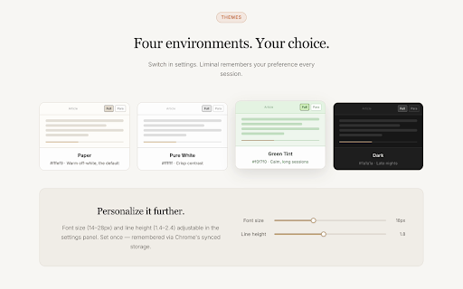 Liminal Reader :: A distraction-free reading extension with customizable modes for better focus.