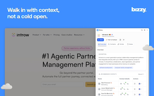 Bizzy :: Sales context where you work — companies, contacts, lists, all in a side panel.