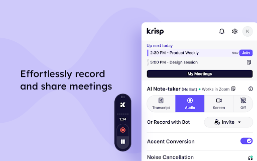 Krisp: AI Note Taker for Meet, Zoom, Teams :: AI meeting note taker that records, transcribes, and summarizes your meetings across all conferencing apps.
