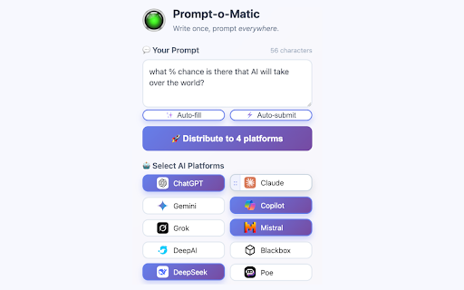 Prompt-o-Matic: Multi-AI Prompt Distributor :: Write once, distribute everywhere. Send your prompts to multiple AI platforms instantly with a beautiful, modern interface.