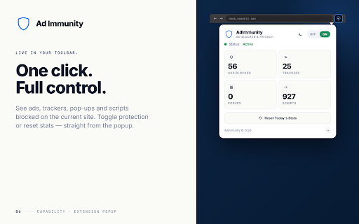 AdImmunity - Ad Blocker & Privacy :: Blocks ads, pop-ups, banners, and trackers. Warns you before phishing or malware sites load. Lightweight, no developer servers.