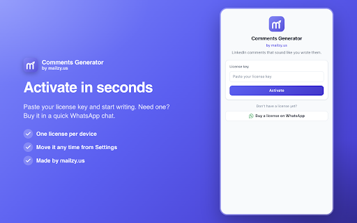 Comments Generator :: Write LinkedIn comments that sound human, in seconds, right from Chrome's side panel. By mailzy.us.