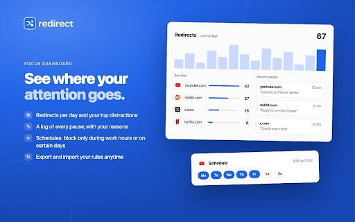 Redirect: Block Sites, Stay Focused, Digital Wellbeing :: Site blocker for focus and productivity. Redirect distracting websites like YouTube or Reddit to your goals. Mindful pauses.
