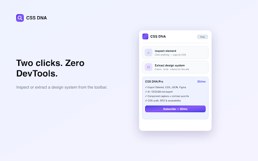 CSS DNA — Inspect CSS & Extract Design Tokens :: Inspect any element's CSS and extract a site's colors, fonts & design tokens — export to Tailwind, CSS, JSON, Figma & more.