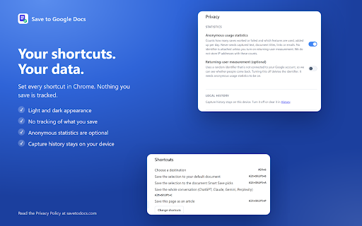 Save to Google Docs :: Save text, articles and whole ChatGPT, Claude or Gemini chats to your own Google Docs. Alt+S to choose a doc.