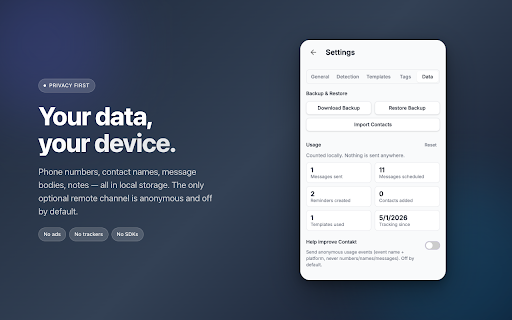 Contakt – Send a Message Without Saving the Number :: Message any number on WhatsApp, Telegram, Signal & 5 more apps without saving it. Detects numbers on web pages. Private, local.