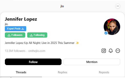 Threads Exporter :: Export public Threads posts to JSON or CSV formats with ease using this simple Chrome extension.