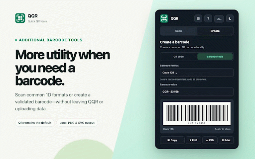 QQR – QR Code Scanner & Generator :: Scan and create QR codes locally with templates and logos, plus additional barcode scanning and generation tools.