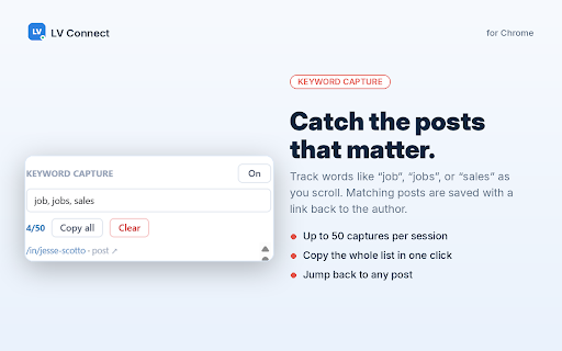 LV Connect :: Auto-send LinkedIn connections, hide video/image/promoted feed posts, and capture leads by keyword. By LinkedVue.