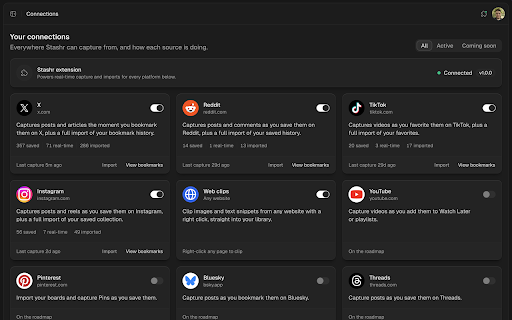 Stashr: AI Bookmark Saver :: Every bookmark you save on X, Reddit, Instagram, and TikTok, captured automatically into one permanent, searchable library.
