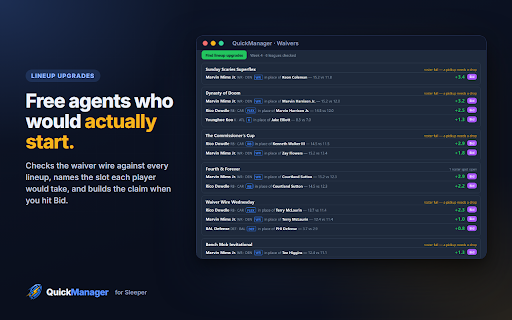 QuickManager: Fantasy for Sleeper :: Manage every Sleeper fantasy football league at once: autosub, lineup optimizer, live scoreboard, waivers, trades, power rankings.