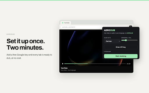 ADRODUB :: Any video or audio in your language. Real-time AI dubbing of anything playing in Chrome. By ADROLAB.