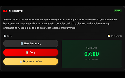 YouTube Video Summarizer - YT Resumo :: Instantly summarize any YouTube video with AI. Key points, timestamps & TL;DR from transcripts. Runs 100% locally & private.