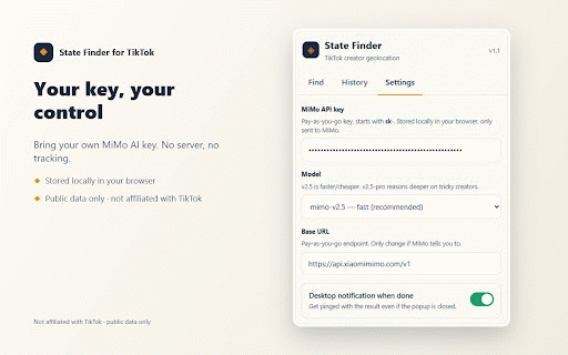 State Finder for TikTok :: Estimate a TikTok creator's likely US state from public signals (bio, captions, comments) using your own MiMo AI key.
