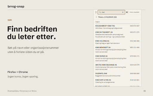 brreg-snap – oppslag i Brønnøysundregistrene :: Orgnr, status, daglig leder, styre, omsetning, resultat og regnskap for bedriften bak nettsiden du er på. Ett klikk, ingen konto.