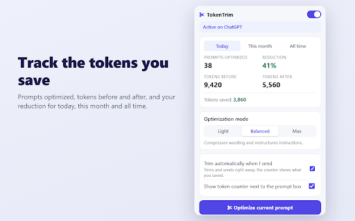 TokenTrim :: Compress your prompts before sending. Same answer, fewer tokens. Runs locally.