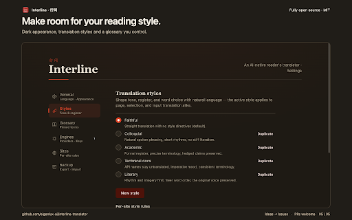 Interline · 行间 :: 开源双语阅读与翻译扩展:整页对照、划词翻译、输入框翻译。内置免费引擎,无需密钥;也可接入自己的 AI 服务。