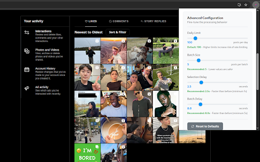 Insta Bulk Unlike :: Efficiently manage Instagram liked posts with smart batch processing, safety features, and customizable speed controls.