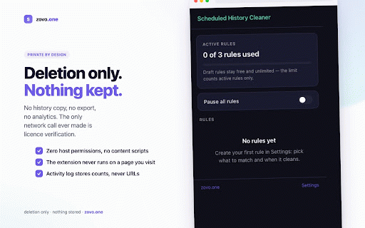 Scheduled History Cleaner :: Delete history on a schedule: rules match domains, URLs, or terms and clean on a timer, daily, or at next launch. Nothing stored.