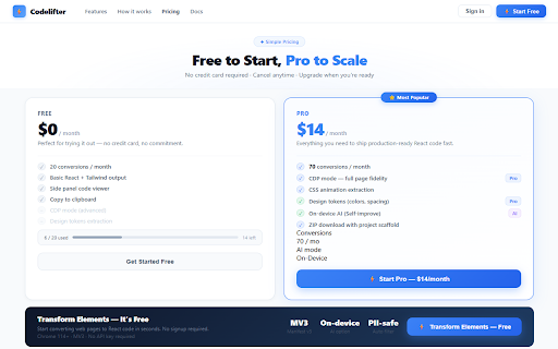 Codelifter — DOM to React + Tailwind CSS :: Convert any web page to React/Vue/Svelte + Tailwind in one click. 30 free conversions/month. Pro plan launching soon.