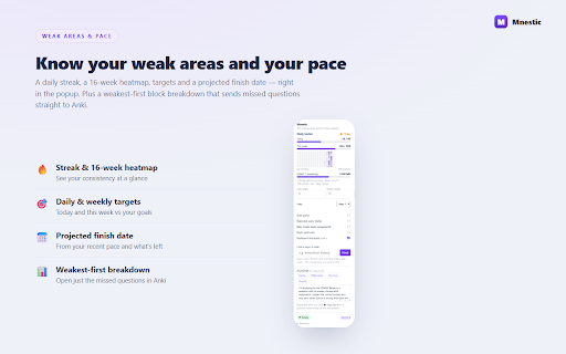 Mnestic :: Link your question bank to your AnKing cards: resource overlays on every question, one-click cards, weak areas, and a tracker.