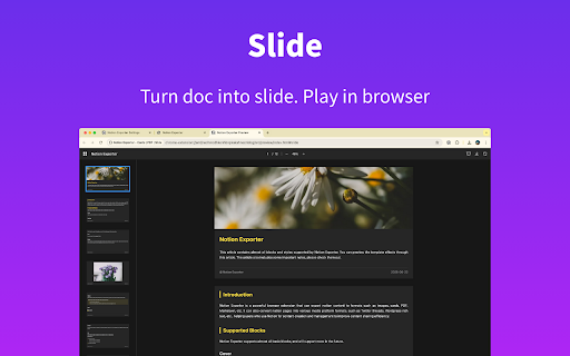 Notion Exporter - Image | Cards | PDF | Slide :: Export Notion page into various formats such as image, cards, PDF, Slide and so on, while preserving Notion's layout and style.