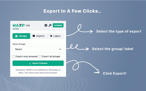 WAXP - Contacts Exporter for WhatsApp :: Export all or unsaved contacts from WhatsApp™ groups, chatlist and labels to CSV file.