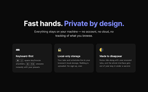 AnySnooze :: Snooze tabs in plain English — "tomorrow 3pm", "every monday" — and they come back exactly on time. Free, private, no account.